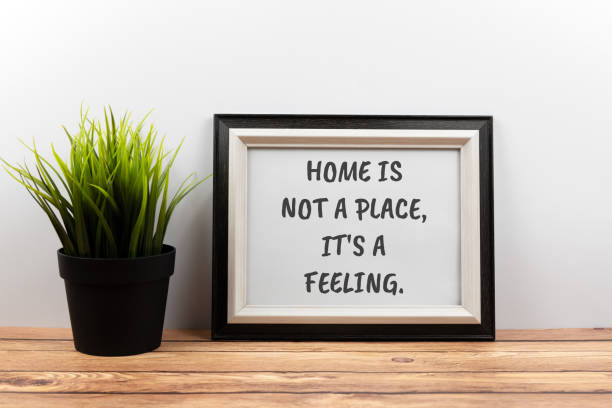 Inspirational quotes text in a frame - home is not a place, it's a feeling.