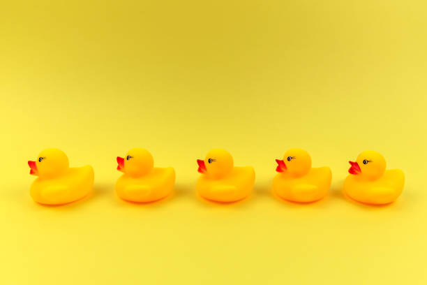 istock Yellow duck in row on yellow background 1435913208