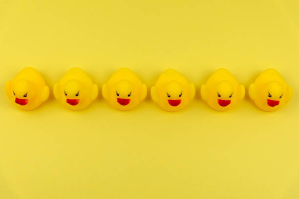 istock Yellow duck in row on yellow background 1435913227