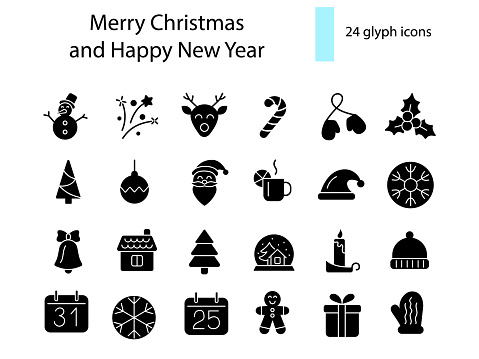 Merry Christmas and New Year glyph icons collection. Holiday gingerbread man. Santa Claus and present. Season winter decoration. Black silhouette symbols set. Isolated vector stock illustration