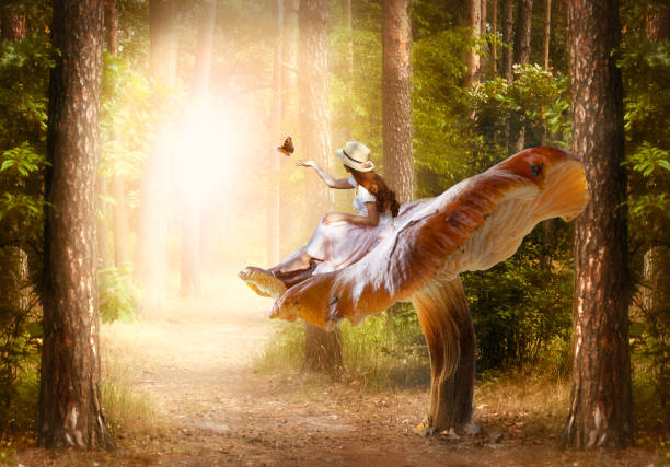 fille au chapeau assise sur un champignon géant fantastique et libérant un papillon de la main dans la forêt de conte de fées enchantée, route de conte de fées menant à une lueur fabuleuse, le sentier dans le bois va à l’éblouissement - fairy forest women magic photos et images de collection