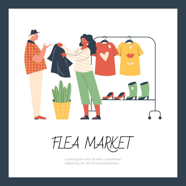 Flea market or rag fair banner or poster mockup flat vector illustration. Flea market or rag fair banner or poster mockup with cartoon characters of buyer and seller, flat vector illustration. Flea market and used things second hand sale. fashion bazaar stock illustrations