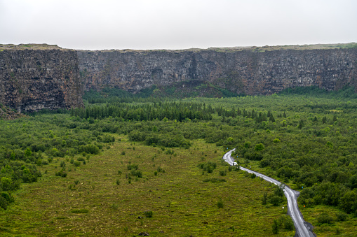 Ásbyrgi canyon, forested horse-shoe-shaped canyon in Öxarfjörður, the Shelter of the Gods,  Diamond circle. Iceland