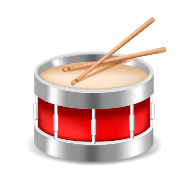 Realistic Detailed 3d Red Snare Drum. Vector Realistic Detailed 3d Red Snare Drum with Wooden Sticks. Vector illustration of Musical Instrument or Toy snare drum stock illustrations