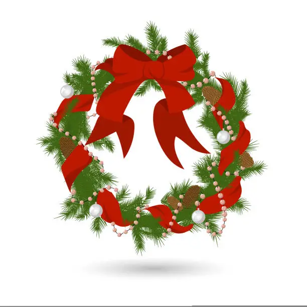 Vector illustration of vector christmas firry wreath with red ribbon, bow, beads, bolls