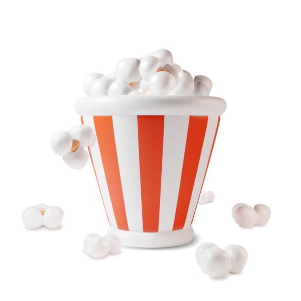 3d Popcorn in Striped Paper Box Plasticine Cartoon Style. Vector vector art illustration