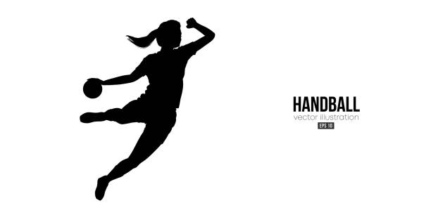 abstrakte silhouette eines handballspielers auf weißem hintergrund. handballspielerin frau wirft den ball. vektorillustration - fitnessstudio geräte stock-grafiken, -clipart, -cartoons und -symbole
