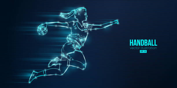 istock Abstract silhouette of a handball player on blue background. Handball player woman are throws the ball. Vector illustration 1435942784