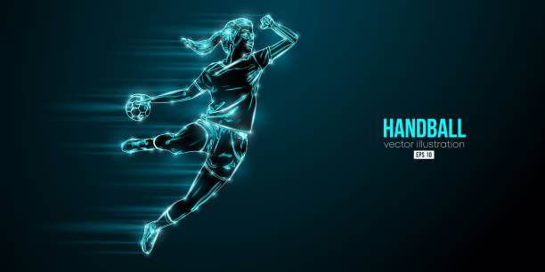 istock Abstract silhouette of a handball player on blue background. Handball player woman are throws the ball. Vector illustration 1435942853
