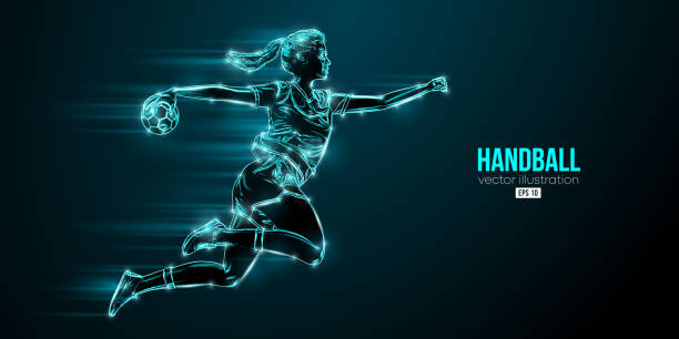 istock Abstract silhouette of a handball player on blue background. Handball player woman are throws the ball. Vector illustration 1435942854