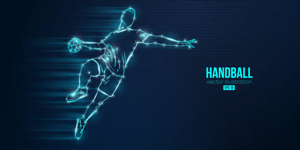 illustrations, cliparts, dessins animés et icônes de silhouette abstraite d’un joueur de handball sur fond bleu. le joueur de handball lance le ballon. illustration vectorielle - pelote à main nue