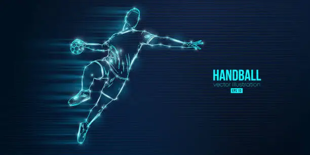 Vector illustration of Abstract silhouette of a handball player on blue background. Handball player man are throws the ball. Vector illustration