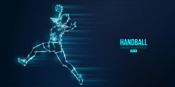 istock Abstract silhouette of a handball player on blue background. Handball player woman are throws the ball. Vector illustration 1435942915