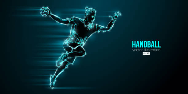 istock Abstract silhouette of a handball player on blue background. Handball player man are throws the ball. Vector illustration 1435942919