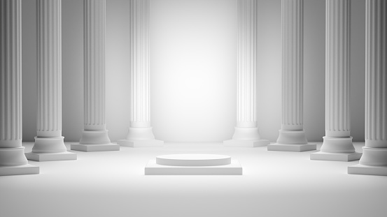 Model of a podium in the form of a pedestal for displaying a product. Abstract white background with columns. 3d illustration.