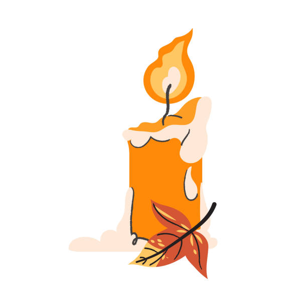 brennende orangefarbene kerzen mit isoliertem herbstblatt auf weißem hintergrund. halloween thanksgiving karte vektor illustration - fire thanksgiving leaf burning stock-grafiken, -clipart, -cartoons und -symbole