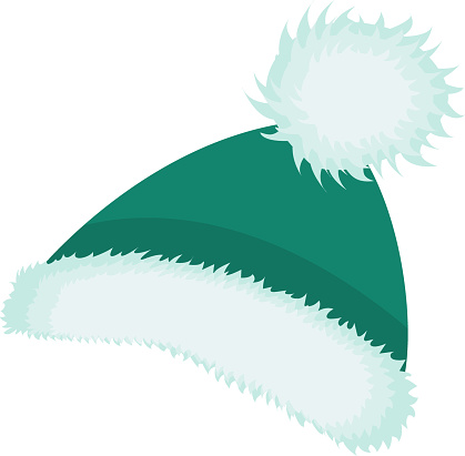 Winter warm hat of green color with a fur pompom. A beautiful hat for sports and street parties. Vector hand-drawn illustration in cartoon style. Winter fashion. Christmas accessories.