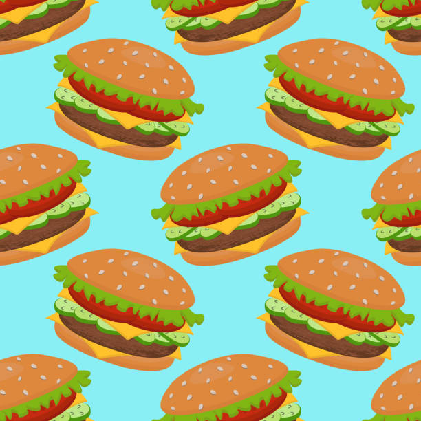 istock Seamless vector pattern of hamburger and French fries. For printing, wrapping paper, restaurant menus, packaging, books, postcards, magazine covers, web pages, fabrics, textiles, grocery stores. 1435946352