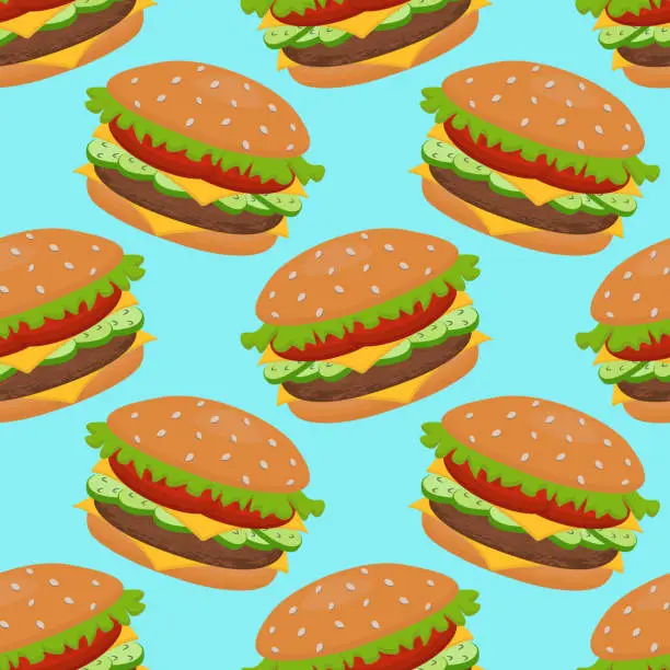 Vector illustration of Seamless vector pattern of hamburger and French fries. For printing, wrapping paper, restaurant menus, packaging, books, postcards, magazine covers, web pages, fabrics, textiles, grocery stores.