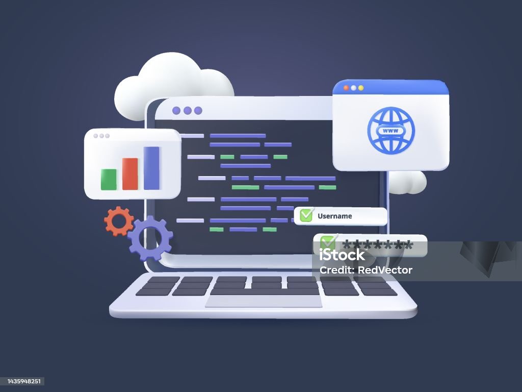 3d Computer Programming Or Developing Css Html Php Software Game Vector ...