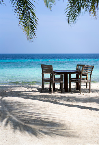 Wooden furniture of a restaurant in the shade of palm trees on the coast of the Maldives.