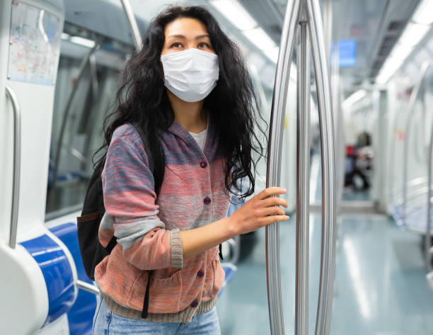 istock Woman in protective mask with backpack standing in subway train 1435949192