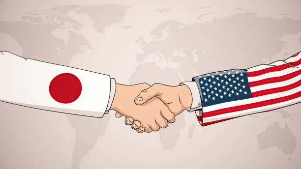 współpraca japonii i usa przed mapą świata. koncepcja ameryki, uścisk dłoni, umowa biznesowa, polityka, spotkanie, flagi państwowe, świętowanie, międzynarodowe stosunki przyjaźni, uścisk dłoni dyplomatów, pokojowa polityka handlowa - handshake respect japan business stock illustrations