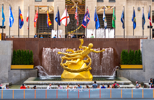 New York, USA - September 18, 2022: Square with a fountain in New York with a statue of Prometheus.