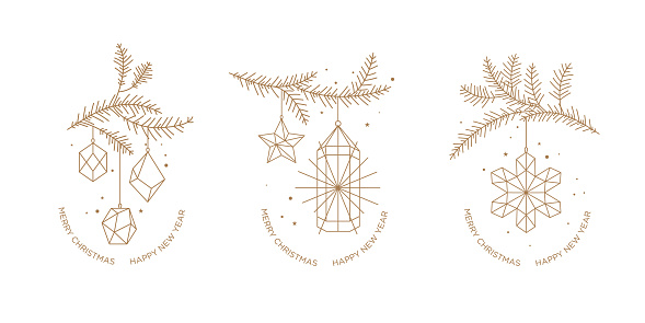 Festive Christmas compositions with decoration and lantern. Geometric shape. Linear illustrations. Vector.