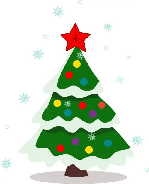 Vector illustration of Christmas tree decorated with bright toys and a red star.  Christmas illustration. Simple vector illustration highlighted on a white background Celebrating winter holidays.