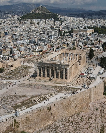 Drone shot of Parthenon, Acropolis, in Athens, Greece