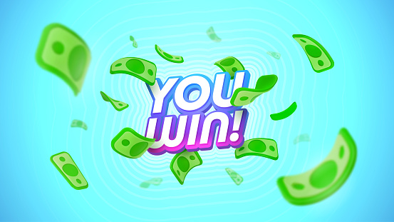 You win 3d vector text with flying paper bills. Celebration winning on falling down dollar money background. Giveaway prizes vector banner. Gambling advertising illustration