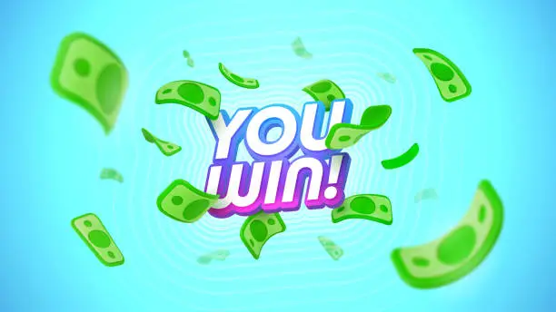 Vector illustration of You win 3d vector text with flying paper bills. Celebration winning on falling down dollar money background. Giveaway prizes vector banner. Gambling advertising illustration.
