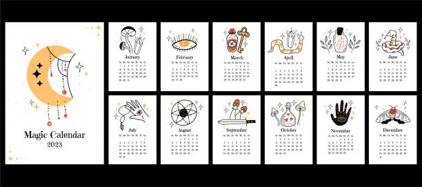 Vector illustration of Magic witch esoteric boho style calendar planner abstract design element concept illustration set