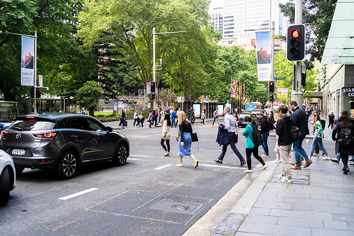 Sydney, Australia, October 19,2022-People crossing York Street, Wynyard