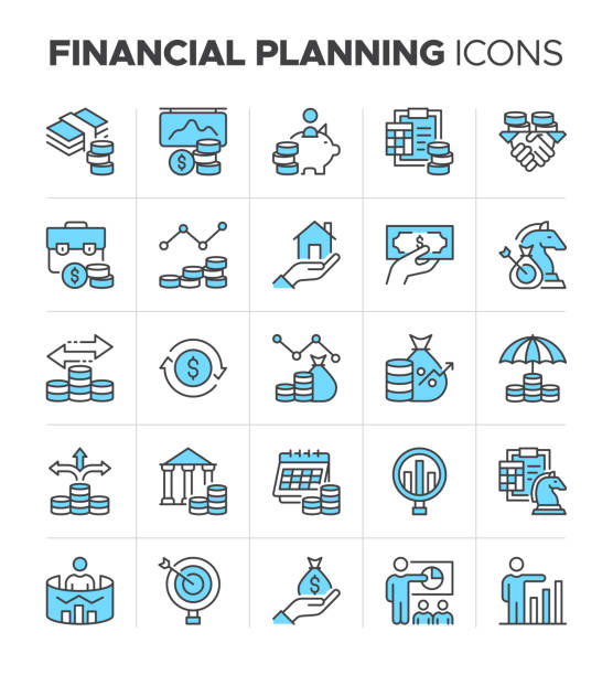 Financial Planning icon set easy to color. Loan, Financial Growth, Income Statement, Financial Goal and more symbol Editable stroke, easy to color and pixel perfect financial planning icon set. Financial growth and goal, income statement, money management and more symbol collection. tax form stock illustrations