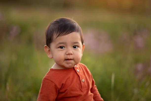 One year-old latin american boy's portrait at sunset stock photo