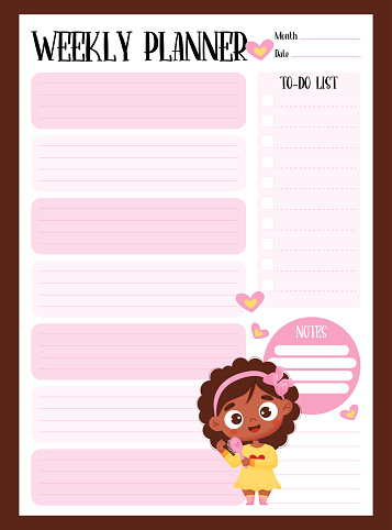 Weekly Girly Planner To Do List Notes With Cute Smiling Darkskinned
