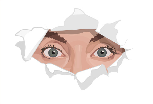 Voyeurism. A curious female look. Espionage and eavesdropping concept. Hole on White paper. EPS vector illustration 10.