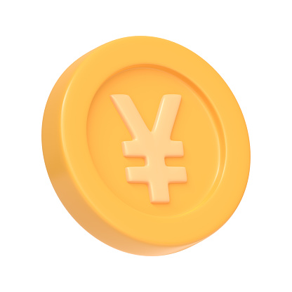 Golden coin with yen sign isolated on white background. 3D icon, sign and symbol. Cartoon minimal style. 3D Rendering Illustration