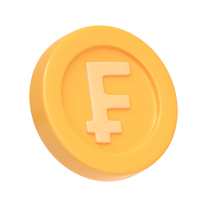 Golden coin with franc icon isolated on white background. 3D icon, sign and symbol. Cartoon minimal style. 3D Rendering Illustration