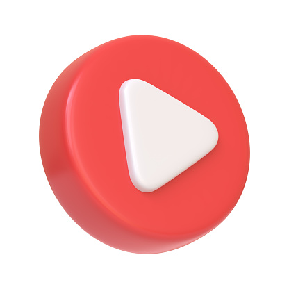 Red round play button isolated on white background. 3D icon, sign and symbol. Cartoon minimal style. 3D Rendering Illustration