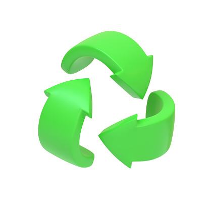 Green recycling symbol isolated on white background. 3D icon, sign and symbol. Cartoon minimal style. 3D Rendering Illustration