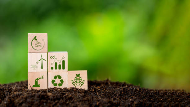 istock Net zero and carbon neutral concept. Net zero greenhouse gas emissions target. Climate neutral long term strategy. Wooden cubes with green net zero icon and green conserve icon on nature background. 1435987136