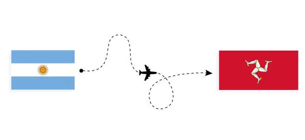 Vector illustration of Flight and travel from Argentina to Isle of Mann by passenger airplane Travel concept