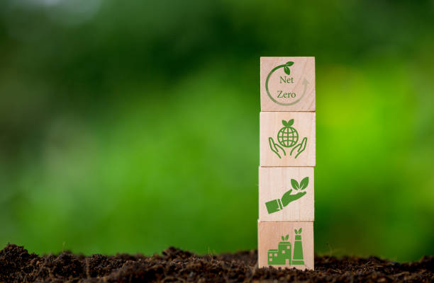 istock Net zero and carbon neutral concept. Net zero greenhouse gas emissions target. Climate neutral long term strategy. Wooden cubes with green net zero icon and green conserve icon on nature background. 1435987327