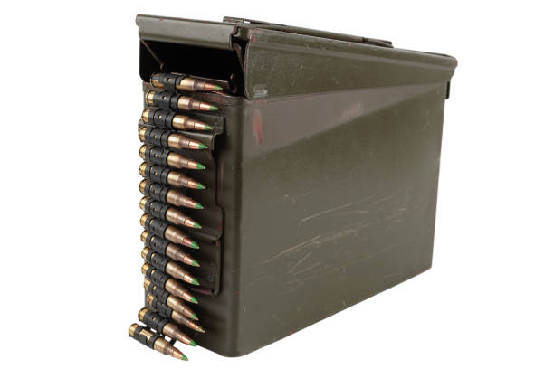 istock Ammunition belt with cartridges in ammunition boxes 1435989300
