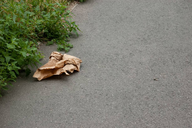 um pedaço amassado de papel kraft marrom está no asfalto ao lado da grama verde - paper craft brown wrinkled - fotografias e filmes do acervo