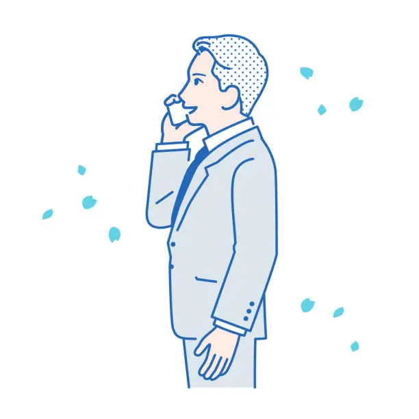 Vector illustration of Vector illustration material of a businessman and cherry blossoms talking on a smartphone