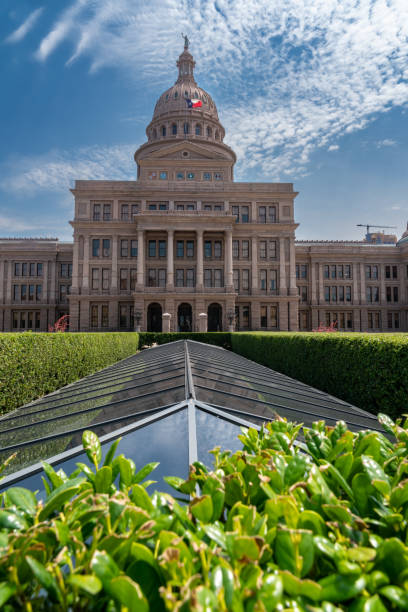 텍사스 주 국회 의사당 건물의 외부 전망, 전경에 꽃이 있습니다. - texas state flag texas dome austin texas 뉴스 사진 이미지